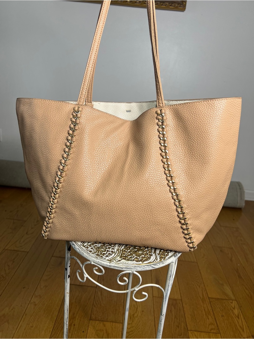 Neutral Tan Pebbled vegan leather Tote with Chain Trim - Women
